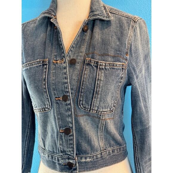 Abercrombie & Fitch Denim Jacket Cropped Distressed 100% Cotton Button Close XS - Picture 1 of 7